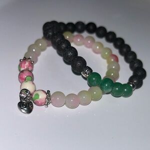 Lava Rock & Jade Beaded Bracelet Set – Rose Accent